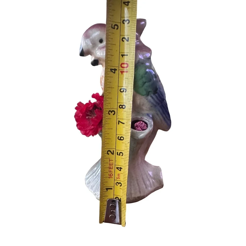 Vintage Ceramic Parrot Figurine Pink Green Tropical Bird with Flowers‎ 5 inch